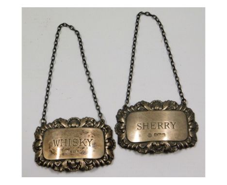 A pair of Sheffield silver decanter labels, whisky &amp; sherry, 26.69g