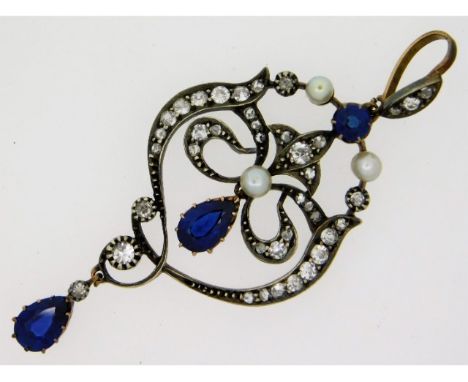 A yellow metal Victorian diamond, pearl &amp; Kashmir style sapphire pendant, electronically tests as 15ct gold, stones are w