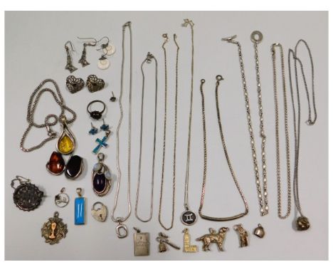 A Links of London silver necklace, a silver ring, an amber pendant necklace, an amethyst pendant, silver charms including a s