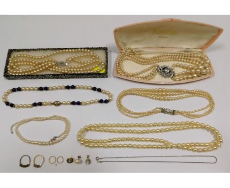 A quantity of costume pearl necklaces &amp; other costume items including a 9ct gold pearl earring twinned with four ladies f