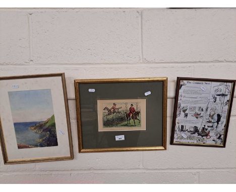 Mixed Lot: Coloured print The Country Seat, a further coloured hunting print and a watercolour study, Clifftop View (3)