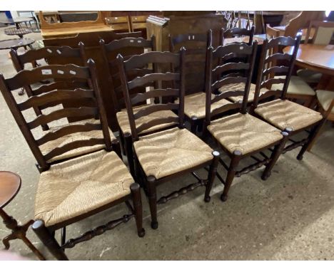 Set of eight reproduction rush seat Lancashire style ladder back dining chairs