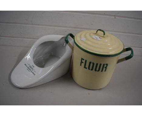 Enamel flour bin together with a bed slipper pan (2)