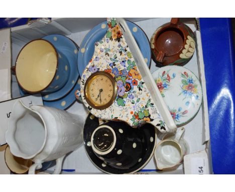 Mixed Lot: Various polka dot pattern tea wares, small ceramic cased mantel clock etc