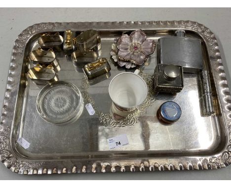 Mixed Lot: Silver plated tray containing various napkin rings, ink well, hip flask etc