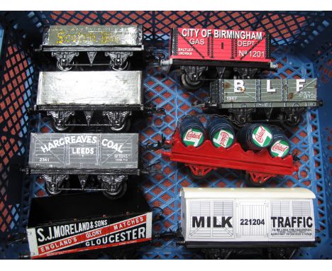 Eight Items Hornby 'O' Gauge/7mm Unboxed Rolling Stock, barrel wagon, plus 'Private Owner' box van and open wagons, all compl