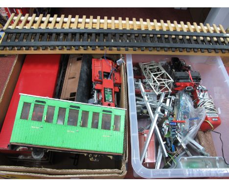 A Quantity of 'G' Scale Workshop Items,  including bogies, rolling stock, chassis, catenary, tools, circuit board.
