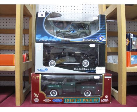 Three 1:18th Scale Diecast Model Vehicles, Welly 1936 Ford Deluxe Cabriolet, Solido #8075 Jeep Willys US Army 1942,, Road Leg