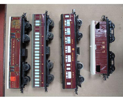 Three Hornby 'O' Gauge/7mm No. 2 (1935) Based Passenger Coaches, L.M.S maroon - Royal Mail, dining car and composite 3rd, all