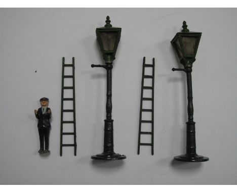 A Lead Street Gas Lamp and Cleaner with Ladder by John Hill &amp; Co, plus additional lamp and ladder, overall good.