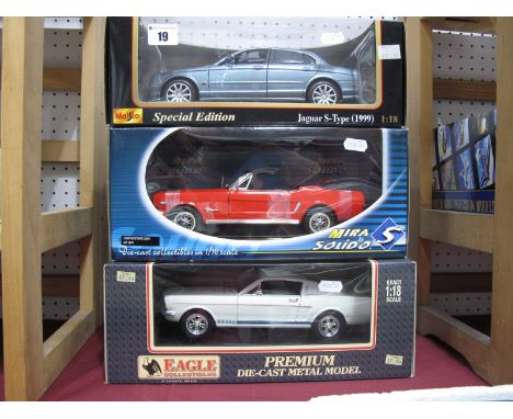 Three 1:18th Scale Diecast Model Vehicles, Maisto Jaguar S Type (1999), Solido #8081 Ford Mustang Convertible, Universal Hobb