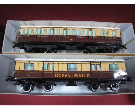 Two Hornby 'O' Gauge/7mm No. 2 Eight Wheel Bogie Coaches, G.W.R brown/cream livery, brake/3rd, plus "Ocean Mails" "Neverwazza