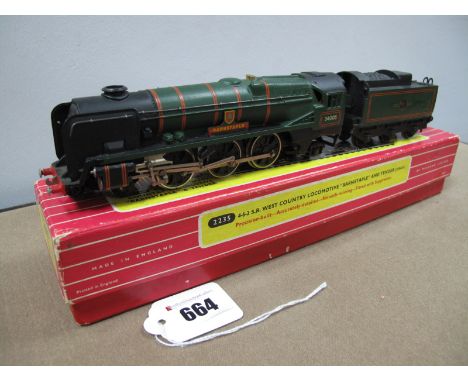 Hornby Dublo Ref 2235 Two Rail "West Country Class" 4-6-2 Steam Locomotive and Six Wheel Tender, B.R green "Barnstaple" R/No.
