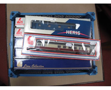 Seven "HO" Gauge Boxed Germany "DB" Railway Eight Wheel Coaches, six by Lima, one; Ref 11043, condition unused to fair, boxes