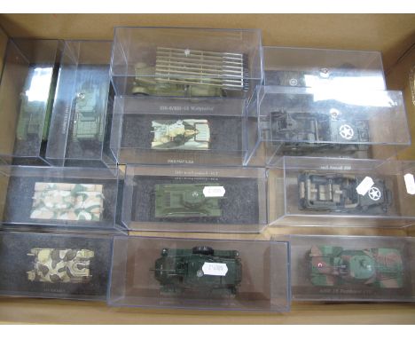 Twelve Atlas Editions Diecast and Plastic Military Model Vehicles, including Cromwell MK IV Tank, US Army Multiple Gun Motor 