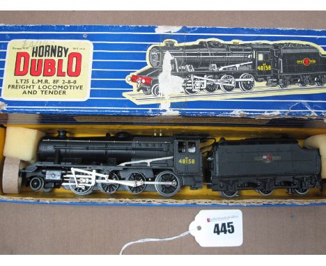 A Hornby Dublo Ref LT25 Three Rail (Tender Plunger Pickup) Class 8F Steam Locomotive and Six Wheel Tender, boxed, BR black, R
