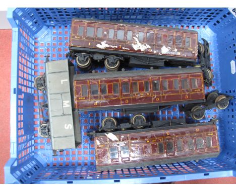 A 1930's 'O' Gauge Articulated LMS Coach by Milbro and Similar, plus an 'O' gauge four wheel coal wagon, metal finish, damage