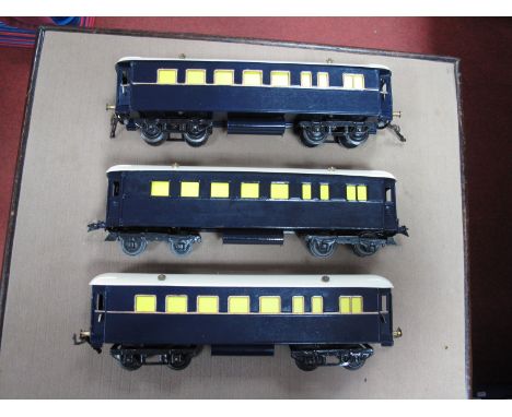 Three 'O' Gauge/7mm Pre-War No. 2 Eight Wheel Bogies Coaches, unboxed, complete but overpainted dark/blue/cream to a reasonab