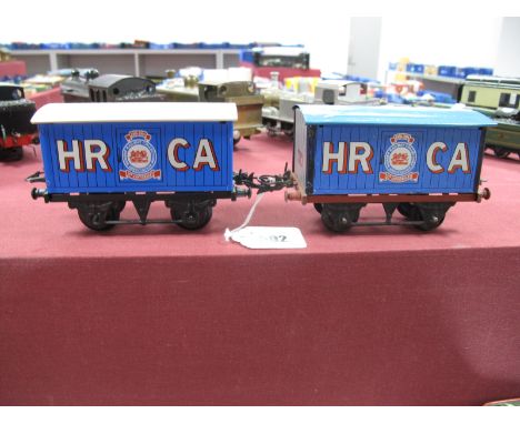 Two Hornby 'O' Gauge/7mm Unboxed Closed Vans, both H.R.C.A 25th Anniversary Editions with repainted roofs, one in blue, one c