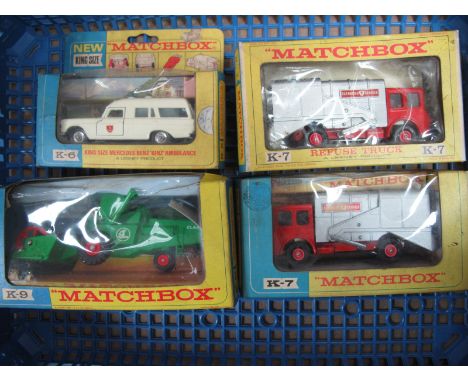 Four Original Matchbox King Size K-7 Refuse Truck x 2, (different style boxes), K-6 Mercedes Ambulance, K-9 Combine Harvester