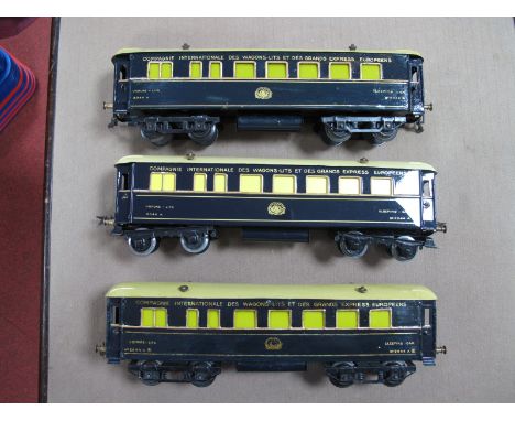 Three Hornby 'O' Gauge/7mm Pre-War No. 2 Eight Wheel Bogie Coaches, adapted, repainted dark blue/cream sleeping cars for "Com