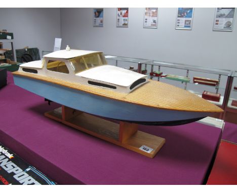 A Scratch Built Wooden Construction Battery Operated Model Pond Boat, electric motor, 65cm long, 19cm wide, 20cm high, playwo