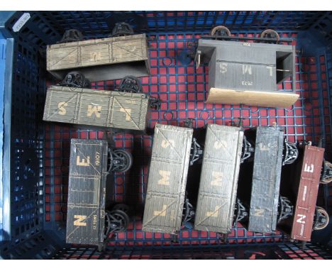 Eight 1930's Four Wheel 'O' Gauge Wagons by Milbro and Similar, including LMS brake/open wagon, both LMS and NE.