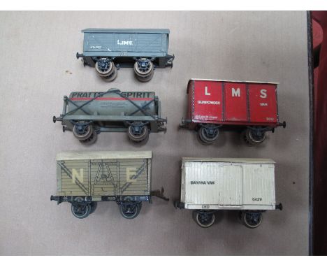 Five 1930's Four Wheel 'O' Gauge Wagons, by Milbro and Similar, including an LMS gunpowder van and Pratts spirit tanker.