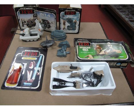 Four Original Star Wars Trilogy Toys, comprising of Return of The Jedi Speeder Bike Vehicle by Kenner, box insert and action 