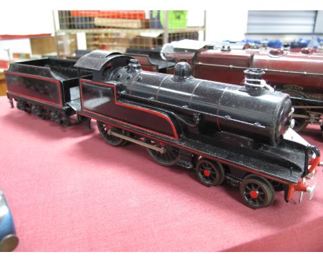 An "O" Gauge/7mm 4-4-0 Three Rail Electric Locomotive and Tender, of unknown origin finished in black with red lines