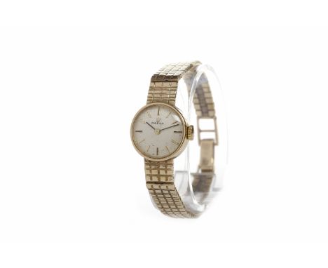 LADY'S NINE CARAT GOLD OMEGA MANUAL WIND WRIST WATCHthe round cream dial with applied gold coloured baton hour markers and bl