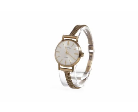 LADY'S ROTARY NINE CARAT GOLD MANUAL WIND WRIST WATCHthe round white dial with applied gold coloured baton hour markers, the 