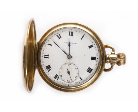 EARLY TWENTIETH CENTURY GOLD PLATED FULL HUNTER KEYLESS WIND POCKET WATCHthe round white enamel dial with 'CRAFTSMAN,' with R