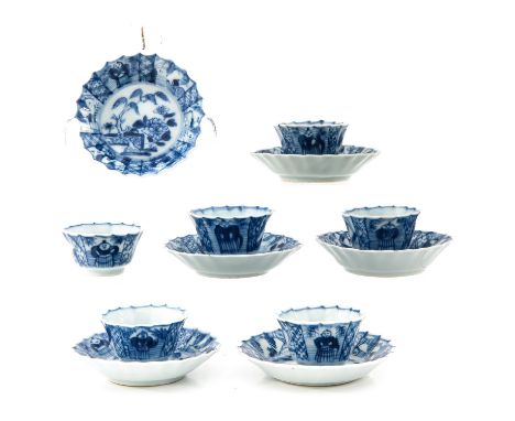 Blue and white decor, Kangxi Period, saucers are 9 cm. in diameter, hairline.