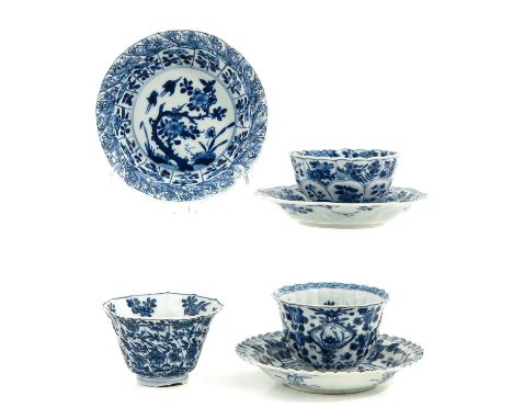 Including 3 cups and 3 saucers, in a variety of blue and white decors, including 18th Century, largest saucer is 13 cm. in di