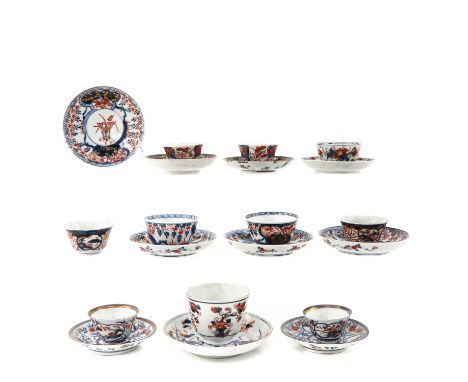 Including 10 cups and 10 saucers, Imari decors, including 18th Century , largest saucer is 14 cm. in diameter,chip and hairli