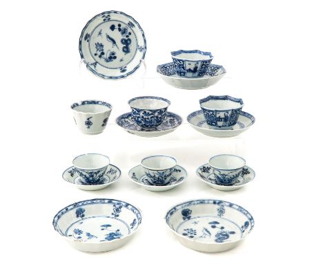 In a variety of decors and sizes, 7 cups and 9 saucers, including 18th Century, largest saucer is 11 cm. in diameter, chip an