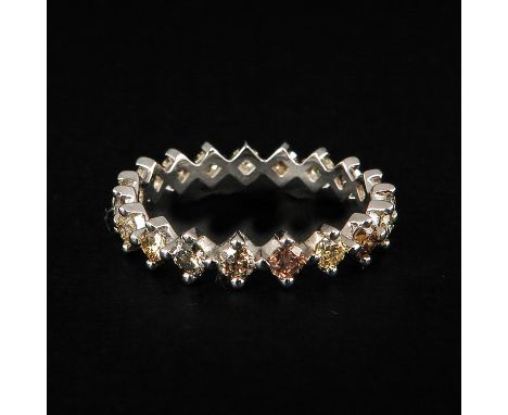 Set with 19 fancy color diamonds 1.17 carat total weight ring size 17.