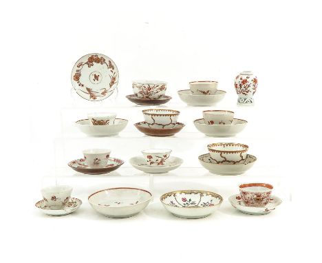 Including 10 cups and 13 saucers and tea caddy, in a variety of decors, including 18th Century , largest saucer is 11 cm. in 