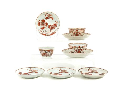 Milk and Blood decors, 3 cups and 6 saucers, 18th Century, largest saucer is 12 cm. in diameter, chip and hairliine.