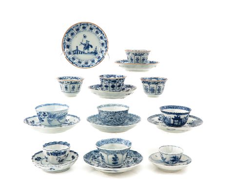 In a variety of decors and sizes, 10 cups and 9 saucers, including 18th Century, largest saucer is 12 cm. in diameter, in div