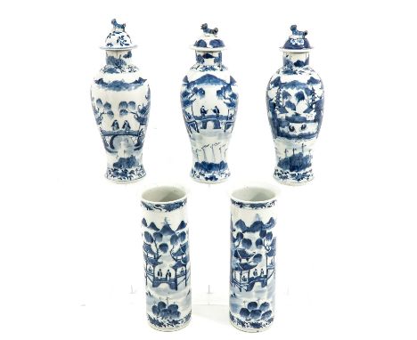 Landscape with pagodas, tallest vase is 34 cm., Kangxi mark, chip, one vase is restored. 