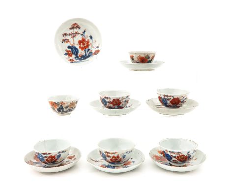 Including 7 cups and 7 saucers, Imari decor, 18th Century, saucers are 14 cm. in diameter, in diverse conditions. 