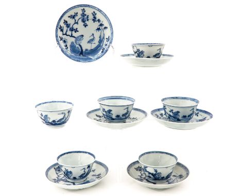 Depicting scene in garden with bird in garden, saucers are 12 cm. in diameter, chip and hairline.