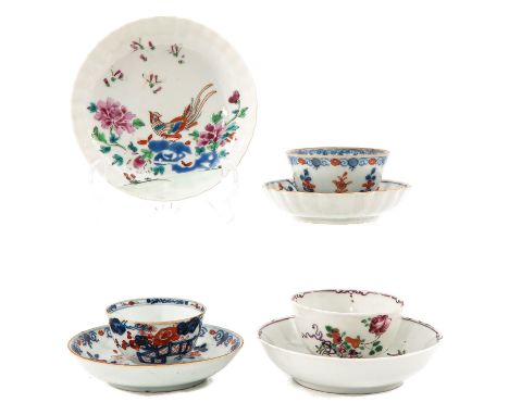 3 cups and 4 saucers, including 18th Century, largest saucer is 13 cm. in diameter, chip and hairline. 