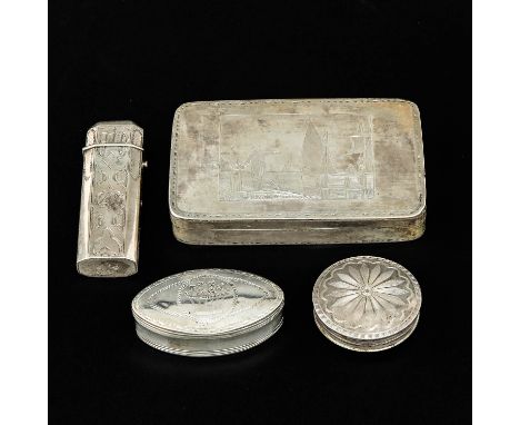 4 items including snuff box with makers mark Cornelis van Dam Schoonhoven 7 cm. long.
