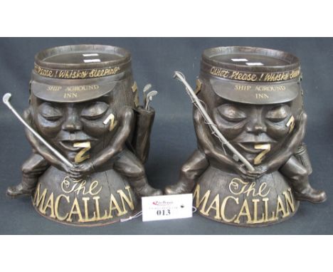 Pair of The Macallan novelty ice buckets and covers, specifically made for the 'Ship Aground Inn' in Pembrey, depicting sleep