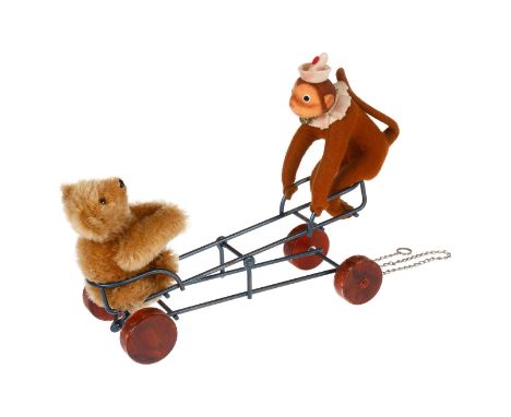 Steiff Replik-Wiwag, Wippe mit Bär und Affe, ohne Knopf und Fahne, leichte Gebrauchsspuren, L 28 cm, Z 2