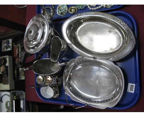 Three Piece E.P.B.M Plated Tea Service, cruet set, plated oval basket, plated oval shaped dish:- One Tray