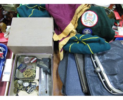 Military. Tunic buttons, cap badges, button cleaners, gas mask,, Scout memorabilia, etc:- One Tray
